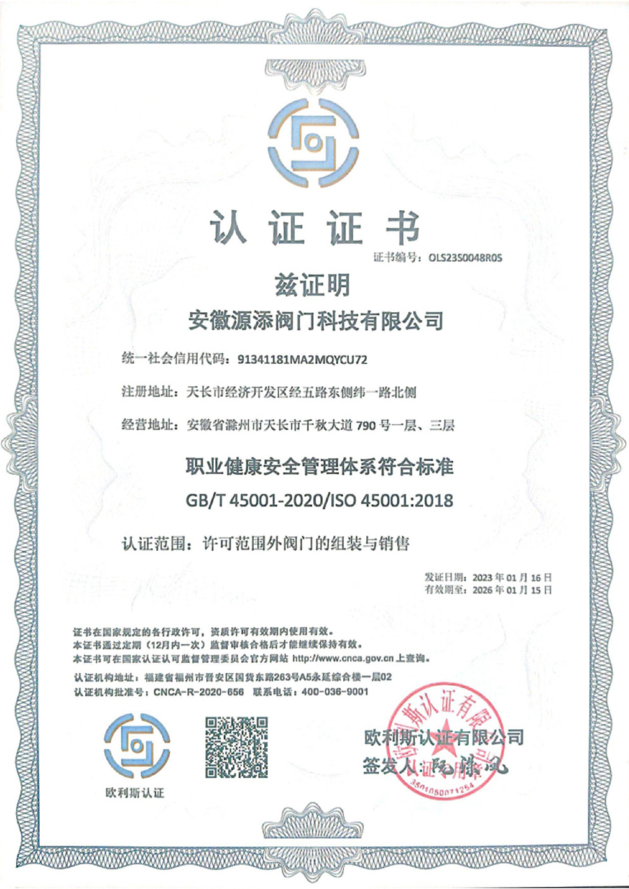 職業(yè)健康安全管理體系認(rèn)證證書